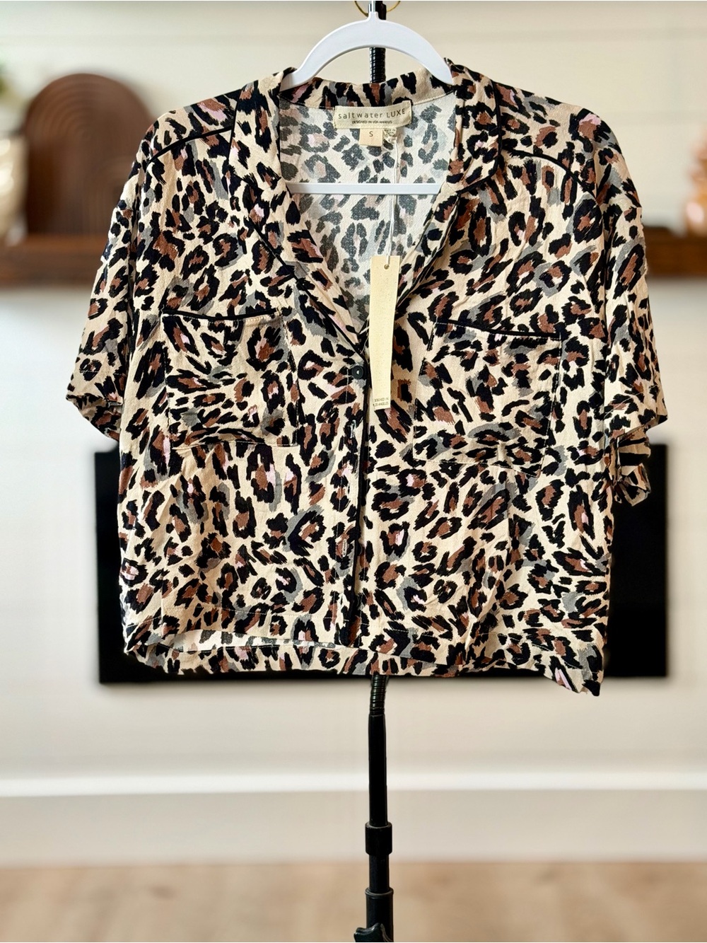 saltwater LUXE Leopard Print Button-Front Blouse in Beige, Brown, Black